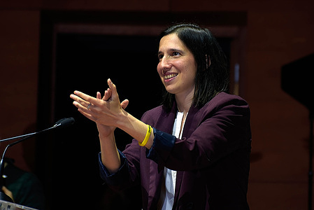 Elly Schlein speaks on stage during the National Assembly of the Democratic Party (PD), in Rome.