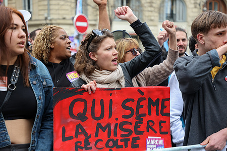 A young protester holds a placard expressing her opinion during the protest. French unions have called for a seventh day of action against the French government's pension reform that would raise the retirement age from 62 to 64. The police estimate, for this 7th day, the number of demonstrators marching in the streets of Marseilles at 7,000 while the unions estimate it at 80,000. The Ministry of the Interior reports 368,000 demonstrators in the streets of France, while the unions claim more than 1 million