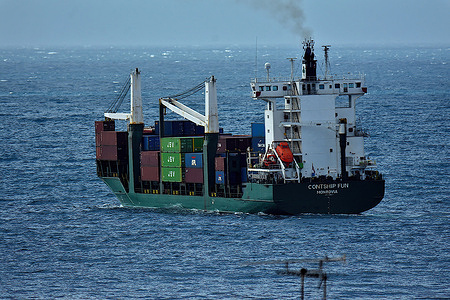 The container ship Contship Fun leaves the French Mediterranean port of Marseille.