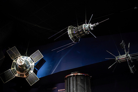 Exhibits in the Memorial Museum of Cosmonautics in Moscow. 62nd anniversary of the first human space flight conducted by Soviet cosmonaut Yuri Gagarin. The Museum of Cosmonautics in Moscow opened in April 1981.