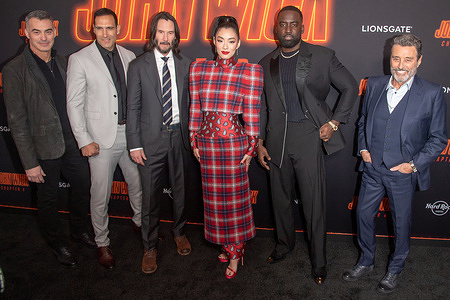 (L-R) Chad Stahelski, Marko Zaror, Keanu Reeves, Rina Sawayama, Shamier Anderson and Ian McShane attend Lionsgate's "John Wick: Chapter 4" screening at AMC Lincoln Square Theater in New York City.