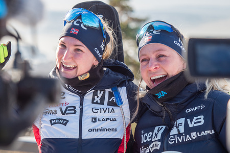 Biathlon legend, and double Olympic champion, Tiril Eckhoff (R) with her colleague Marte Olsbu Roeiseland at a press conference where she is announcing the end of her career.