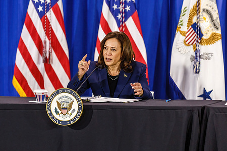 Vice President Kamala Harris addresses the press. Vice President Kamala Harris held a press conference prior to a roundtable discussion on reproductive rights.