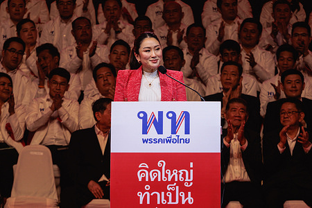 Paetongtarn Shinawatra, politician and the youngest daughter of the former Thai prime minister Thaksin Shinawatra seen speaking on the stage. Pheu Thai party, the largest political party in Thailand held an event at Thammasat University's gymnasium in Pathum Thani to introduce Member of Parliament candidates and policy outlines.