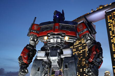 Transformers life-sized statue of Autobot leader Optimus Prime on display at Gardens by the Bay in Singapore. The statues are part of a statues world tour in the lead up to the premier of the movie Transformers: Rise of the Beast on June 8, 2023.