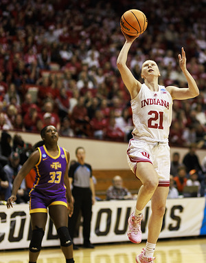 Indiana Hoosiers guard Henna Sandvik (21) goes to the basket against Tennessee Tech during an NCAA women’s basketball tournament game at Simon Skjodt Assembly Hall. IU beat Tennessee 77-47.