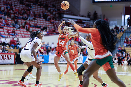 Miami Hurricanes guard Haley Cavinder (14) plays against Oklahoma State during an NCAA women’s basketball tournament game at Simon Skjodt Assembly Hall. Miami beat Oklahoma State 62-61.