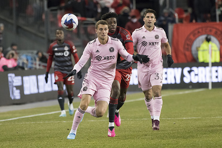 Christopher McVey #4 (L) and Deandre Kerr #29 (R) in action during the MLS game between Toronto FC and Inter Miami CF at BMO field in Toronto. Final score; Toronto FC 2-0 Inter Miami CF