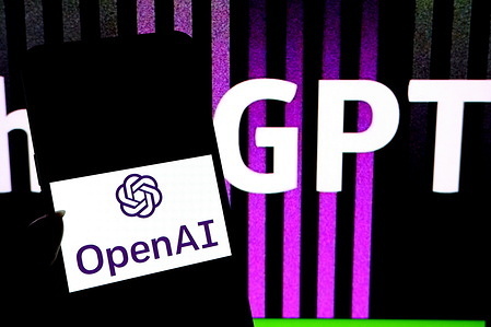 In this photo illustration, an OPEN AI logo is displayed on a smartphone with a Chat GPT logo in the background.
