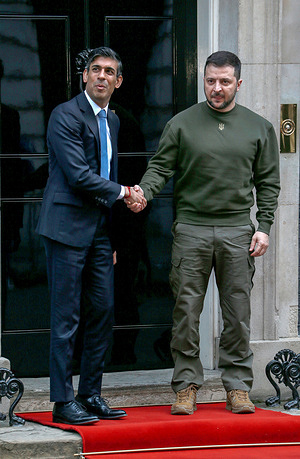 Prime Minister Rishi Sunak hosts the Ukrainian President, Volodymyr Zelensky at number 10 Downing Street in London.