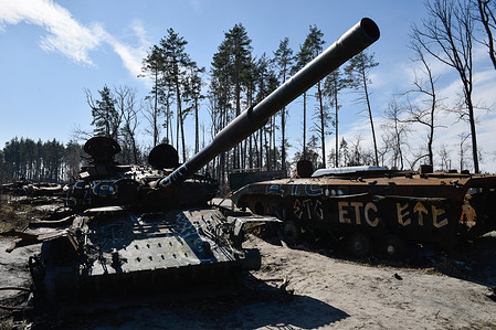 Russian military equipment destroyed last year during an attack on Kyiv seen in the village of Dmytrovka.