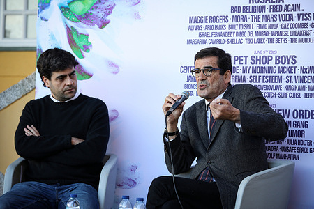 The mayor of Porto, Rui Moreira (R) speaks during a press conference on the Primavera Sound festival accompanied by director of Primavera Sound Barcelona , Alfonso Lanza (L) in the gardens of the crystal palace.