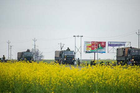 An Indian Army convoy moves on Kashmir's main highway alongside a mustard field in full bloom during spring season on the outskirts of Srinagar. The spring season in Kashmir is a period of two long months starting from mid-March and ends in mid-May. According to the Directorate of Agriculture of the state government of Jammu and Kashmir, the Kashmir valley comprising six districts has an estimated area of 65 thousand hectares of paddy land under mustard cultivation, which is about 40 per cent of the total area under paddy.