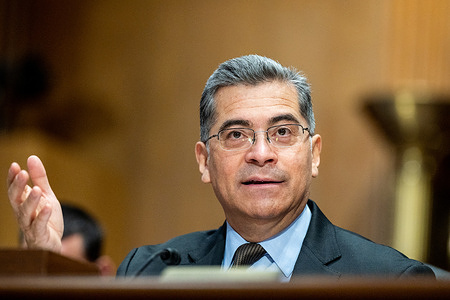 U.S. Secretary of Health and Human Services Xavier Becerra speaking at a hearing of the Senate Finance committee at the U.S. Capitol.