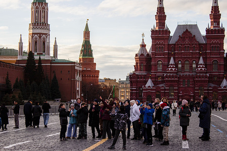 A group of school children on excursion to the Red Square in Moscow.