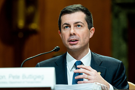 U.S. Secretary of Transportation Pete Buttigieg speaking at the U.S. Capitol at a hearing of the Senate Appropriations Committee.