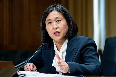 Katherine Tai, United States Trade Representative, speaking at the U.S. Capitol at a hearing of the Senate Finance Committee.