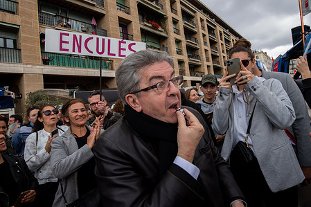 Jean-Luc Melenchon leader of LFI party is seen with a whistle at the march against the pension reform project in Marseille. The march against the pension reform project mobilizes between 16000 (Police) and 280 000 demonstrators in Marseille, France.