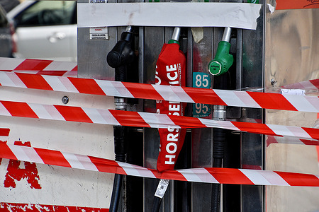 Avia gas station in Marseille shows signs that says "out of order". To protest against the pension reform, many French refineries are shut down and more than 15% of the country's stations lack at least one fuel.