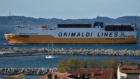 The vehicle carrier Repubblica Argentina of the company Grimaldi Lines arrives at the French Mediterranean port of Marseille.