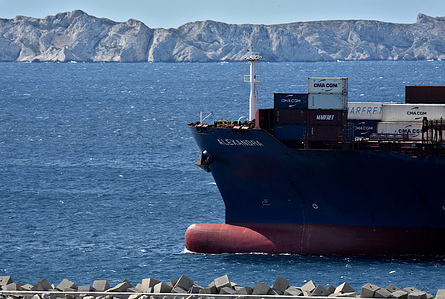 The container ship Alexandra of the company CMA CGM arrives at the French Mediterranean port of Marseille.
