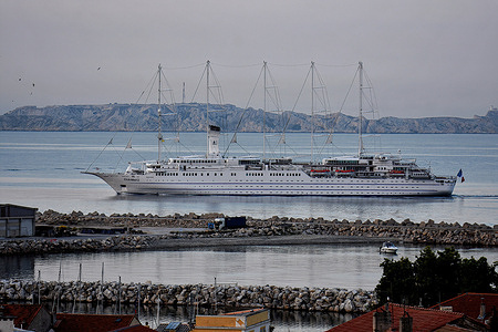 The passenger cruise ship Club Med 2 arrives at the French Mediterranean port of Marseille.