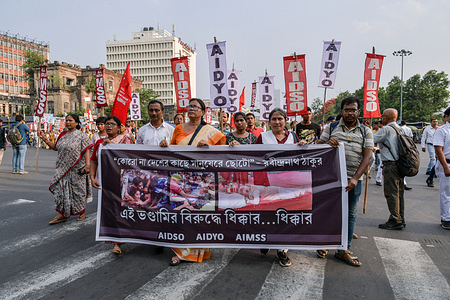 Protesters hold a banner during a protest rally in New Delhi. All India Democratic Students' Organisation (AIDSO), All India Democratic Youth Organisation (AIDYO), and All India Mahila Samskritik Sanghatan (AIMSS) supporters gather for a protest march towards the new parliament building in New Delhi on May 29. This is to show solidarity with the renowned wrestlers namely, Vinesh Phogat, Sangeeta Phogat, and Bajrang Punia, who were brutally detained by the Delhi Police Security personnel during the Wrestlers’ Protest March on May 28.