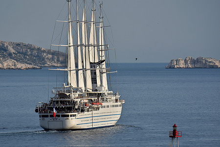 Passenger cruise ship Club Med 2 leaves the French Mediterranean port of Marseille.