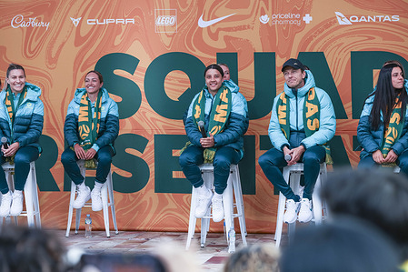 Sam Kerr and coach Tony Gustavsson of Australia seen on stage during the Matildas FIFA Women's World Cup Squad Presentation at Federation Square.