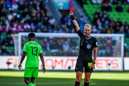 Deborah Ajibola Abiodun (No.13) of Nigeria sent off with a red card by referee Lina Lehtovaara during the FIFA Women's World Cup 2023 match between Nigeria and Canada at the Melbourne Rectangular Stadium. 
Final score Nigeria 0:0 Canada
