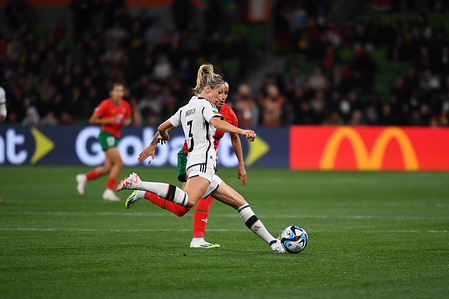 Kathrin Hendrich of Germany and Salma Amani of Morocco are seen in action during the FIFA Women's World Cup 2023 match between Germany and Morocco at the Melbourne Rectangular Stadium. 
Final score Germany 6:0 Morocco