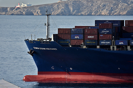 The container ship Voltaire of the company CMA CGM arrives at the French Mediterranean port of Marseille.
