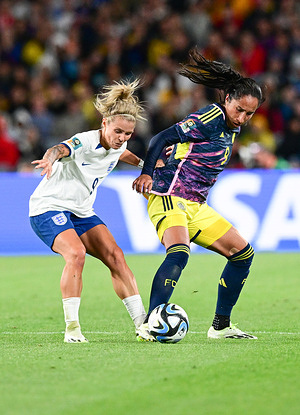 Rachel Ann Daly (L) of England women national soccer team and Mayra Tatiana Ramirez Ramirez (R) of Colombia women national soccer team are seen in action during the FIFA Women's World Cup 2023 match between England and Colombia held at the Stadium Australia. Finals score England 2:1 Colombia