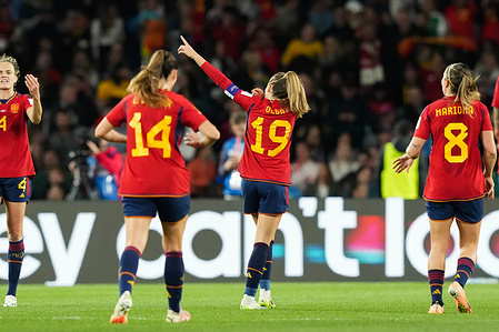 Olga Camona #19 of Spain celebrates a goal during the Women's World Cup 2023 Final match between Spain and England at Accor Stadium. Final score; Spain 1:0 England