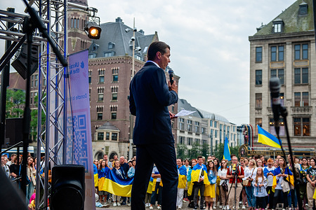 Emiel Bernard de Sevren Jacquet, Honorary Consul of Ukraine is seen giving a speech in support of Ukraine. This day marks 32 years since Ukraine regained its independence. Because of that, the Ukrainians in the Netherlands Foundation organized a manifestation at the Dam Square in Amsterdam. During the event, they honored the memory of all those who lost their lives in protecting Ukraine and its independence.