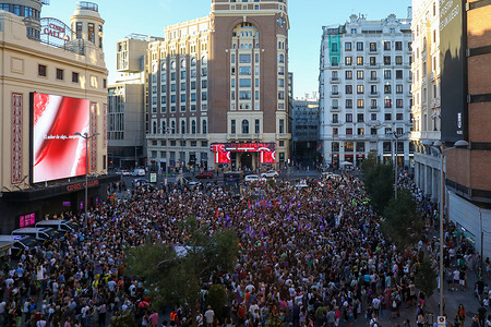 Crowds of protesters gather at Plaza de Callao during the demonstration. Hundreds of people gathered in Madrid's Plaza de Callao to support soccer star Jenni Hermoso,who who was kissed on the lips by by Luis Rubiales after Spain's women's team won the world cup. Rubiales is president of the Spanish Soccer Federation.