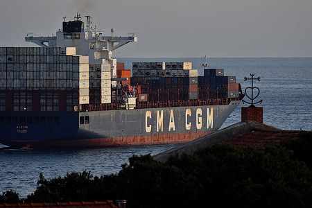 The container ship Alexis of the company CMA CGM leaves the French Mediterranean port of Marseille.