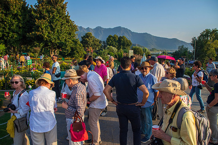 Foreign tourists gather at the Nishat Garden in Srinagar. Indian authorities said over 18,000 foreign tourists visited the Himalayan disputed region in the first five months this year, the highest in the past three decades.