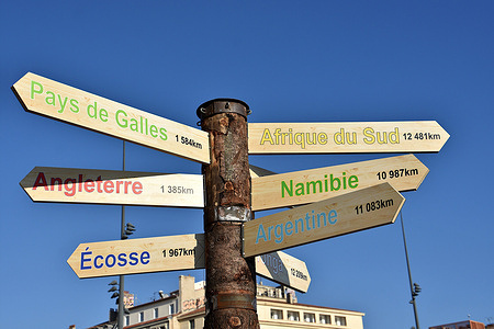A signpost with the names of the countries participating in the Rugby World Cup 2023 is seen at the Old Port in Marseille.