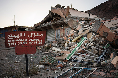 A house that was put up for sale is destroyed by the severe earthquake in the Moroccan town of Idni. The town of Idni, in the Moroccan mountains some 95 km from Marrakech, was one of the worst affected villages during the magnitude 6.8 earthquake on Sept. 8. Few houses are left standing, and most inhabitants have been crushed to death. Meanwhile, reports say that around 2,600 died and 2,500 were injured in Morocco.