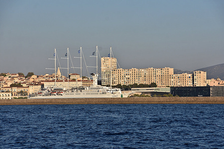 The passenger cruise ship Club Med 2 is docked at the French Mediterranean port of Marseille.