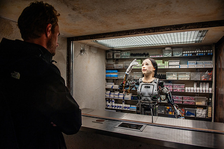 A man is seen looking at the robot talking about happiness. In his work entitled 'Happiness', Dutch artist Dries Verhoeven explores the world of artificial happiness that is increasingly available to us in the form of drugs, painkillers, and antidepressants. A small concrete building is situated in the public space manned by Amy, a human-looking robot who talks to visitors about the different drugs, painkillers, and antidepressants we can use to tweak our emotional reality. The work explores the zone where the human and the artificial merge.