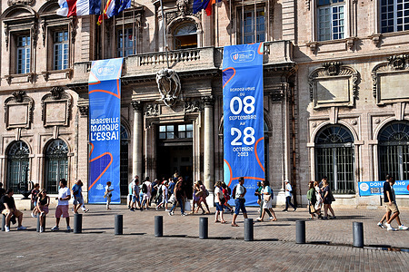 People wait at the entrance to visit Marseille town hall. The Marseille Town Hall opens its doors to visitors on the occasion of the European Heritage Days which take place during the Rugby World Cup.