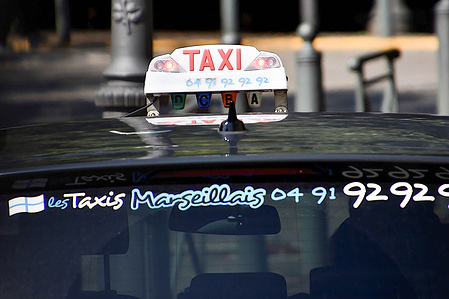 View of a taxi in Marseille. Marseille taxis, opposed to the flat rate plan for certain routes from Marseille-Provence airport, have filed a strike notice for September 23, 2023, the day of the Pope's visit to Marseille.