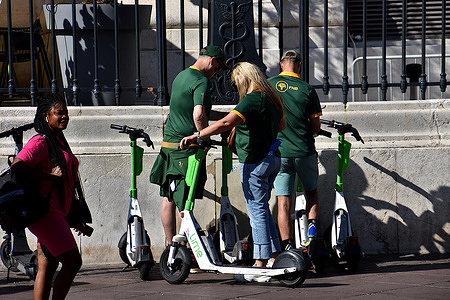 Supporters of the South Africa team are seen with electric scooters on the Canebière during the Rugby World Cup in Marseille. Many supporters of the South Africa team strolled through Marseille, before attending the Rugby World Cup match against Tonga. The Springboks won this match against the Tongans 49-18.