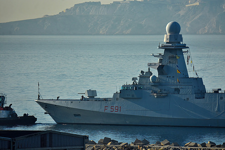 The Italian guided-missile frigate Virginio Fasan F591 arrives at the French Mediterranean port of Marseille.