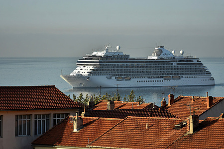 The passenger cruise ship Seven Seas Splendor arrives at the French Mediterranean port of Marseille.