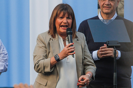 Patricia Bullrich speaks during a campaign rally. The closing campaign rally of Patricia Bullrich ahead of the Argentine presidential elections on October 22, 2023.