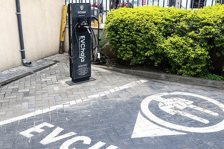 An electric vehicle charging unit seen at a mall parking in Nakuru. 
Uptake of electric powered vehicles remains low partly due to inadequate e-mobility infrastructure which has seen fossil fuel powered vehicles continue dominating the market.