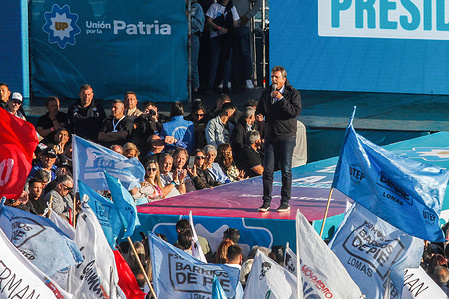 Sergio Massa delivers a speech during his closing rally at the Julio Humberto Grondona stadium in front of thousands of supporters. The closing rally of Sergio Massa ahead of the Argentine presidential elections on October 22, 2023.